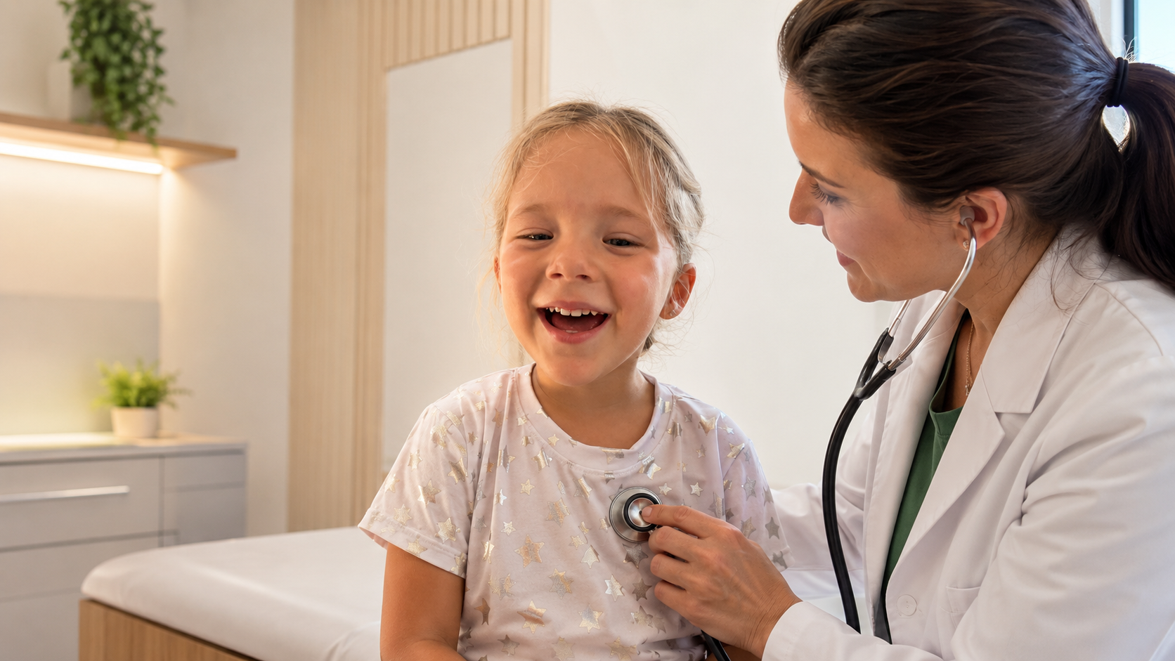 Garota sorrindo durante atendimento humanizado com uma médica